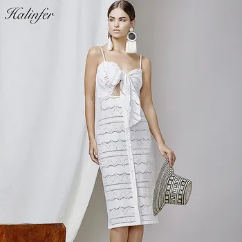 

Halinfer 2018 New summer women dress sexy bodycon strapless bow bandage dress elegant club evening party white dresses vestidos