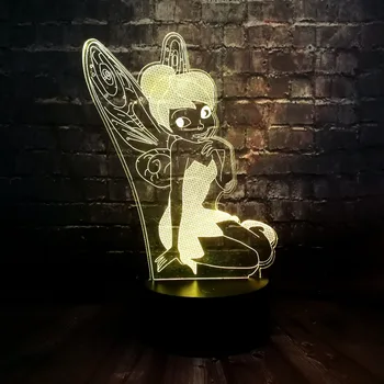 

New Illusion Cartoon 3D Pretty Tinker Bell Fairy LED 7 Color USB Charge Acrylic Panel Decor Room Table Mood Night Light lamp Toy