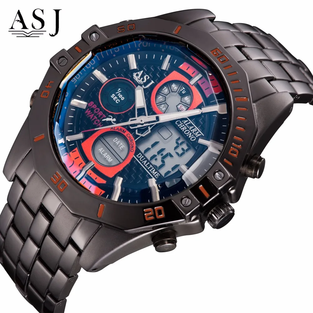 

ASJ Men Digital LED Dual Display Sports Watch Top Brand Luxury Men PU Rubber Strap Military Swim Sports Wrist Watch Sport Clock