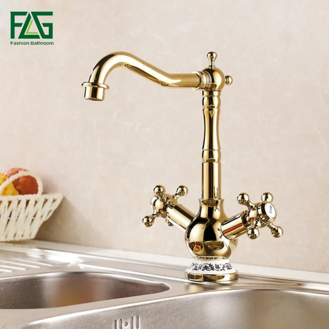 Best Offers FLG European Aristocratic Cold And Hot With Porcelain Gold Kitchen Faucets Vegetables Kitchen Sink Dropshipping Water Taps 830K