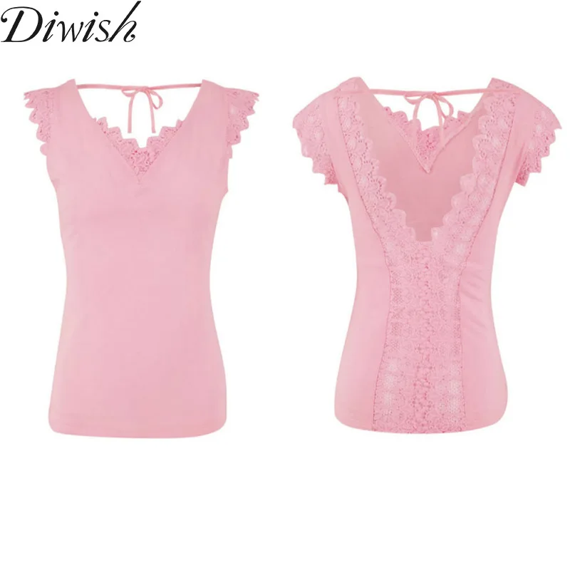 

Diwish 2019 New Arrival Women Tops&Tees Sexy Fashion V-Neck Lace Top T-shirt for Women Solid Back Bandage Tees Tops Ladies