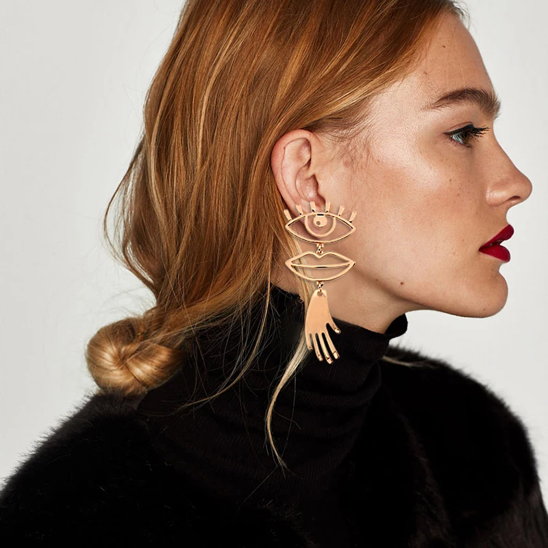 

PPG&PGG 2 colors New Women's fashion punk style eye & mouth & hand earrings metal jewelry statement earring for women girls