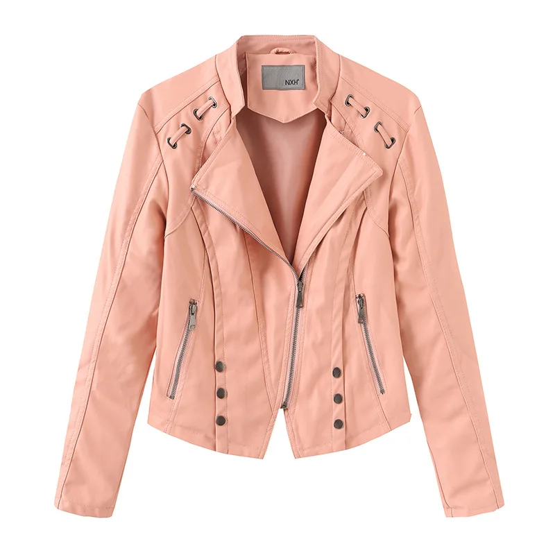 NXH 2019 fall leather jacket women Turn-down Collar motor biker jacket fashion plus size women coat  autumn streetwear