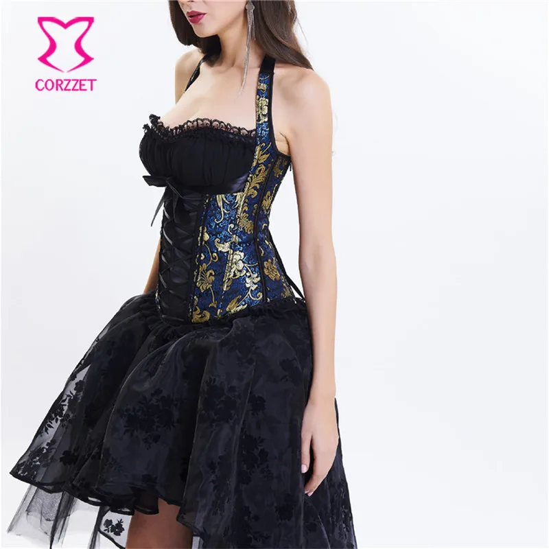 Blue Floral Brocade Halter Sexy Corset Dress Victorian Steampunk Dress Gothic Clothing Corsets And Bustiers Burlesque Outfit Blue Floral Brocade Halter Sexy Corset Dress Victorian Steampunk Dress Gothic Clothing Corsets And Bustiers Burlesque Outfit
