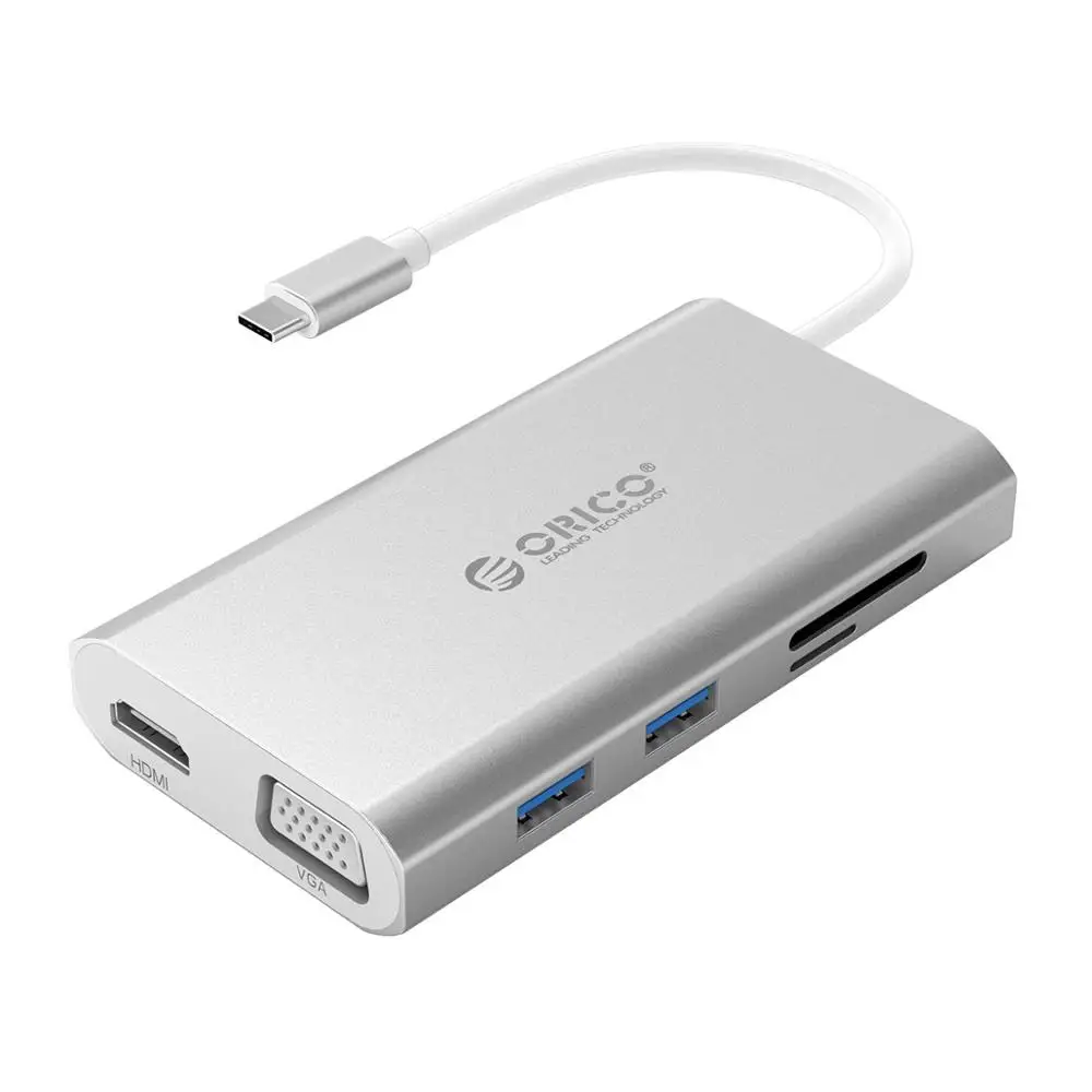 ORICO USB C 3,1 концентратор для HDMI RJ45 VGA USB 3,0 3,1 устройство для чтения карт SD TF 8 в 1 usb-хаб для MacBook samsung Galaxy S9 huawei mate 20 - Цвет: Серебристый