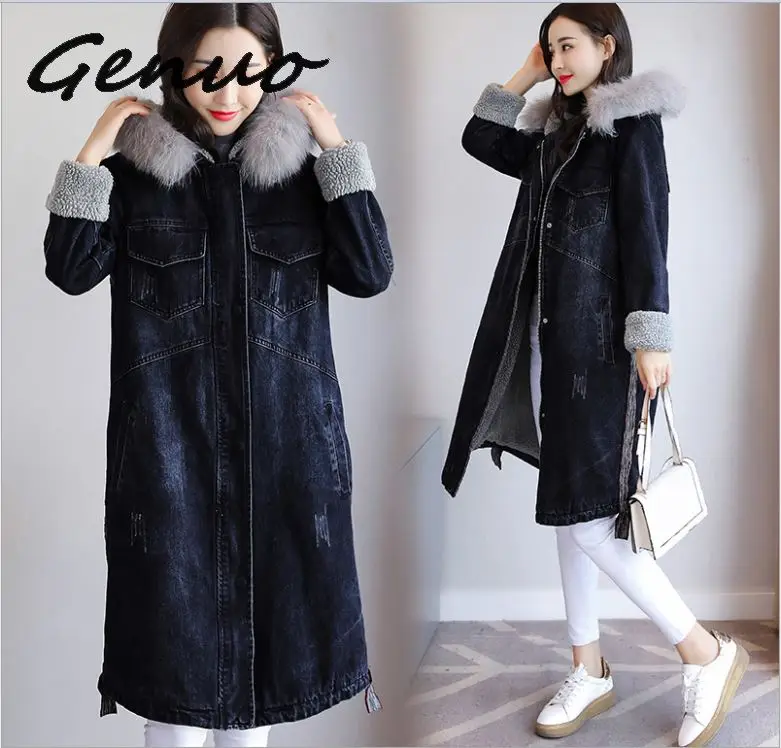 

Winter Denim Jacket For Women Hooded Thick Lambs Wool long jackets women Coat Korean style Plus Size 3XL Fashion Cotton Coat