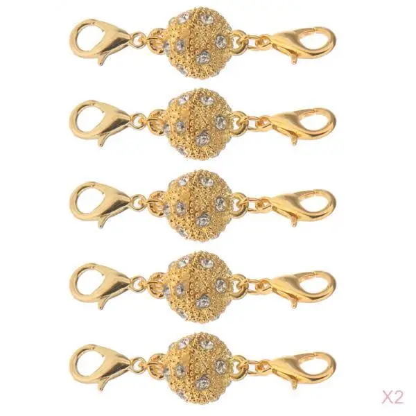 10Pcs Gold Color Ball Rhinestone Lobster Magnetic Clasps Jewelry DIY Findings for Necklace
