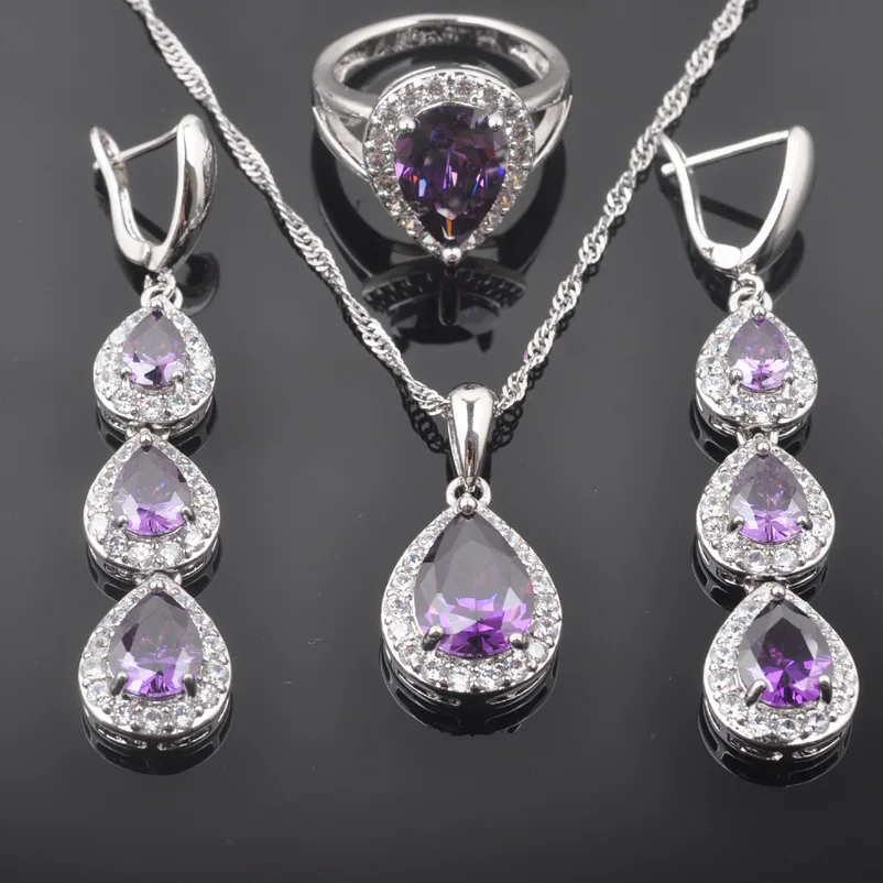 

FAHOYO Water Drop Purple Zirconia White CZ Women's 925 SilverJewelry Sets Earrings/Pendant/Necklace/Rings Free Shipping QZ0185