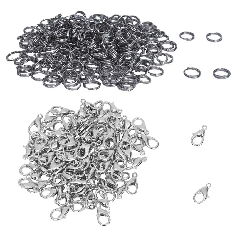

100 PCS Lobster Clasp Alloy Silver Color 12 x 6mm TOP & 250 Pcs Jump Rings 5mm Stainless Steel Eyelets Silver Metal Rings New