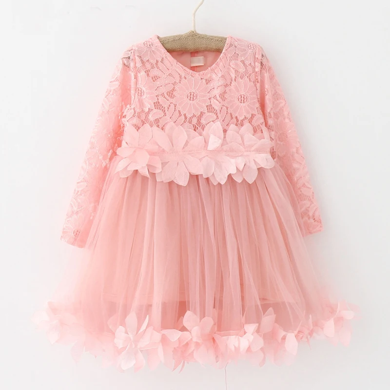 2018 Spring Summer Girls Long Sleeve Petal Lace Flowers Gauze Dresses