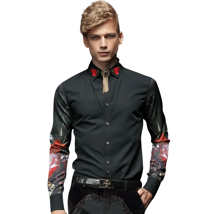 FANZHUAN мужская одежда с длинными рукавами рубашки для смокинга Модные Винтажные трендовые рубашки с вышивкой одежда с принтом для банкета - Цвет: Black
