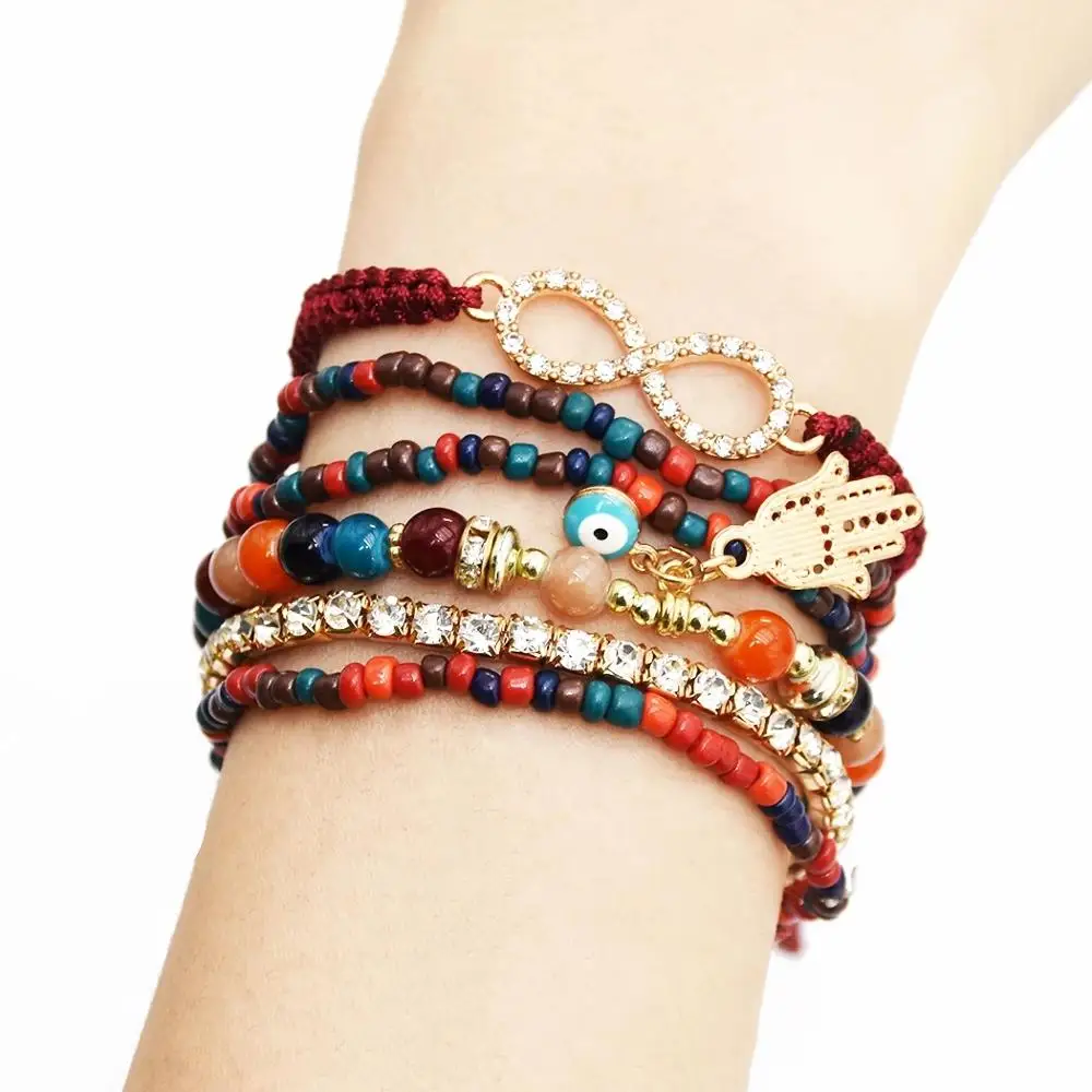 

6 Pcs/set Bohemian Bracelet Jewelry Handmade MultiColor Resin Stone Beads Rhinestone Bracelet Couples Bracelets Creative Gifts