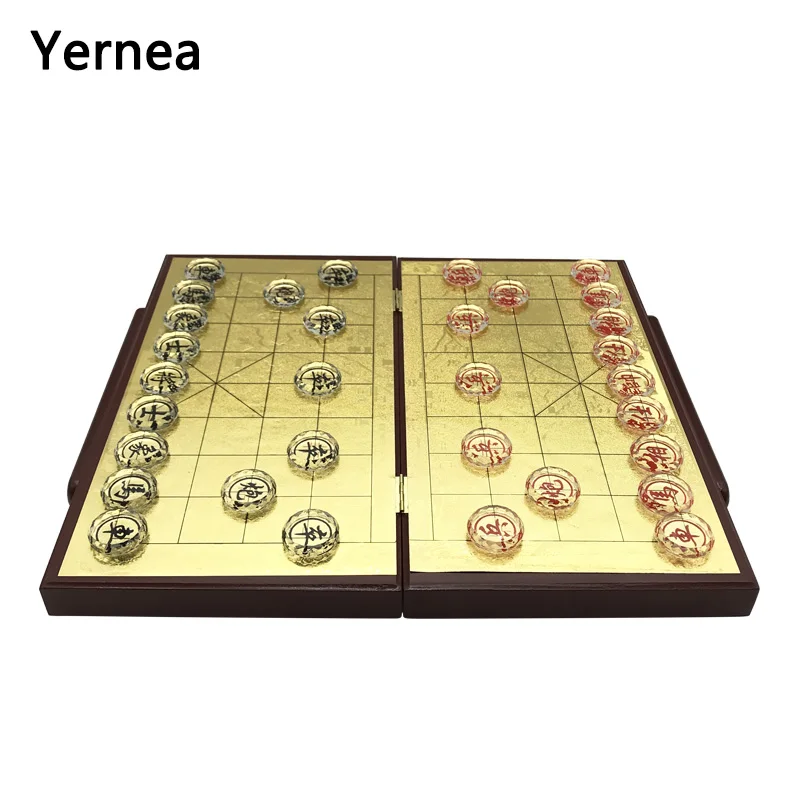 Yernea New Wood Chinese Chess Game Set Folding Chessboard Crystal Pieces Glittering Gold Foil Chessboard Upscal Chess Good Gift