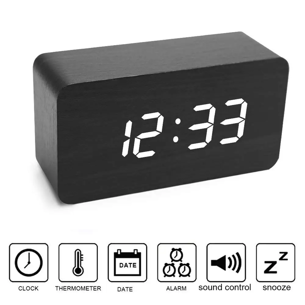 Digital Wood Alarm Clock Sound Voice Control LED Light Display Desktop