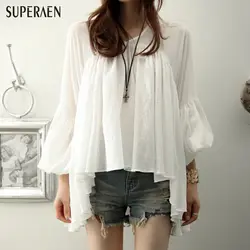 Superaen Весна 2018 Новый корейский стиль Для женщин рубашки хлопок дикий свободные дамы блузка нерегулярные v-образным вырезом свободные