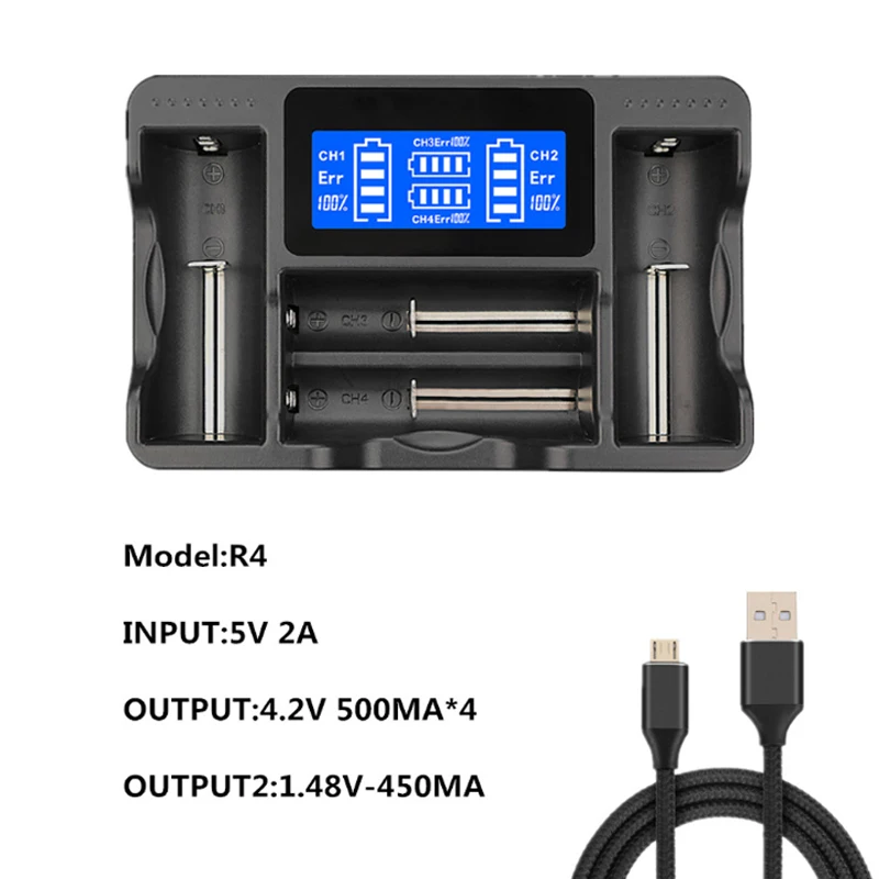 Комплект из 4 предметов ЖК-дисплей Смарт USB Батарея Зарядное устройство для аккумуляторов 18650 26650 22650 18350 литиевая Батарея Зарядное устройство литий-ионный аккумулятор AA, AAA, никель-металл-гидридных и никель-кадмиевых типов аккумуляторов Зарядное устройство