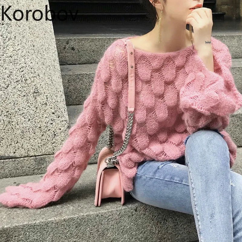 

Korobov Korean Thin Women Knitted Sweaters Long Sleeve O Neck Vintage Sueter Mujer Sexy Hollow Out Loose Casual Jumper 78257