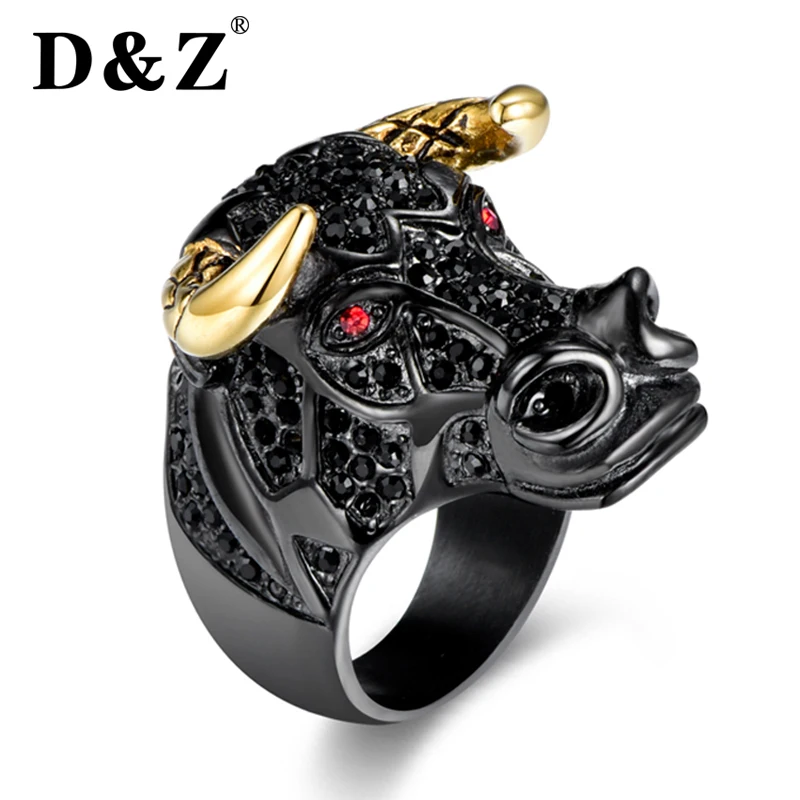 D&Z Animal Bull Head Ring Men Gold Color 316L Stainless Steel Micro Pave Rhinestone Hip Hop Rings for Mens Jewelry Rapper Rock