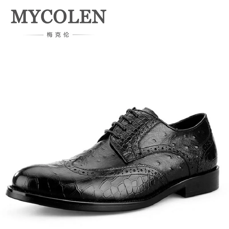 

MYCOLEN Men Business leather Shoes High Quality Crocodile Formal Dress Shoes Man Pointed Toe Brogue Carved Shoes Black