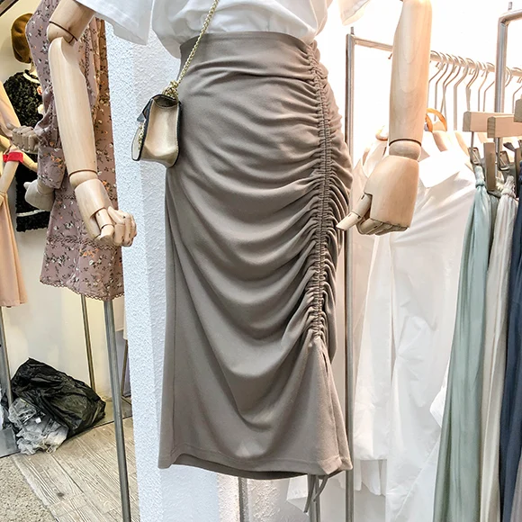 

Korean Solid Women Skirt High Waist Ruched Drawstring Bandagess Side Split Knee Length Skirts Female Summer Fashion