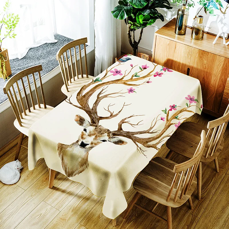 

Creative Tablecloth 3d Sika Deer and Colorful Flower Pattern Polyester Comfortable Waterproof Table Cloth Cover for Home