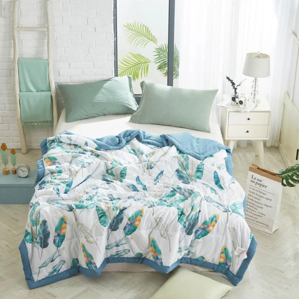 

2019 Blue Leaves Pastoral Stitching Comforter Summer Quilt Air-condition Wash Polyester Fabric Polyester Twin Full Queen Size