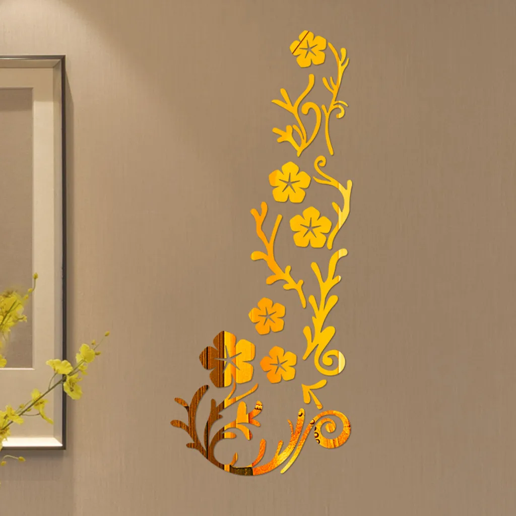 3D зеркальный цветок искусство акриловые фрески наклейка Черный Золотой Серебряный съемный настенные стикеры на стену креативные настенные наклейки diy
