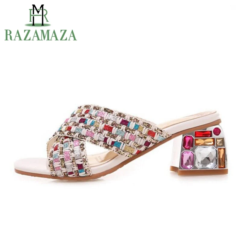 

ZALAVOR Summer Sandals Women Crystal Square Heels Slippers Open Toe Bling Daily Holiday Beach Shoes Women Footwear Size 33-46