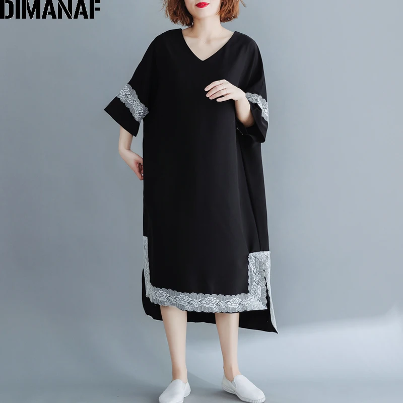 DIMANAF Plus Size Women Dress Vintage Big Size Lady Vestido Elegant Spliced Lace Summer Sundress Loose Female Clothes Black