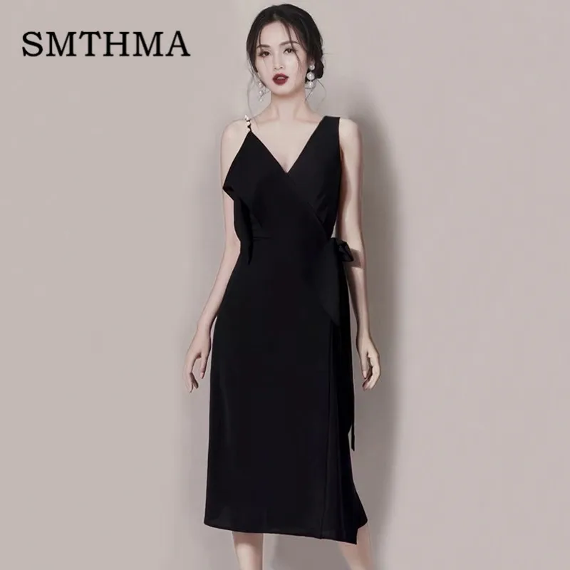 

SMTHMA Sexy Spaghetti Strap Dress Summer Women 2019 New Ruffles V-neck Black Dresses High Quality Party Dress Vestidos