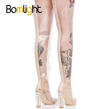 

Bomlight New Hot Clear PVC Over The Knee Pointed Toe Women Boots Transparent High Heels Gladiator Thigh High Boots Shoes 10.5cm
