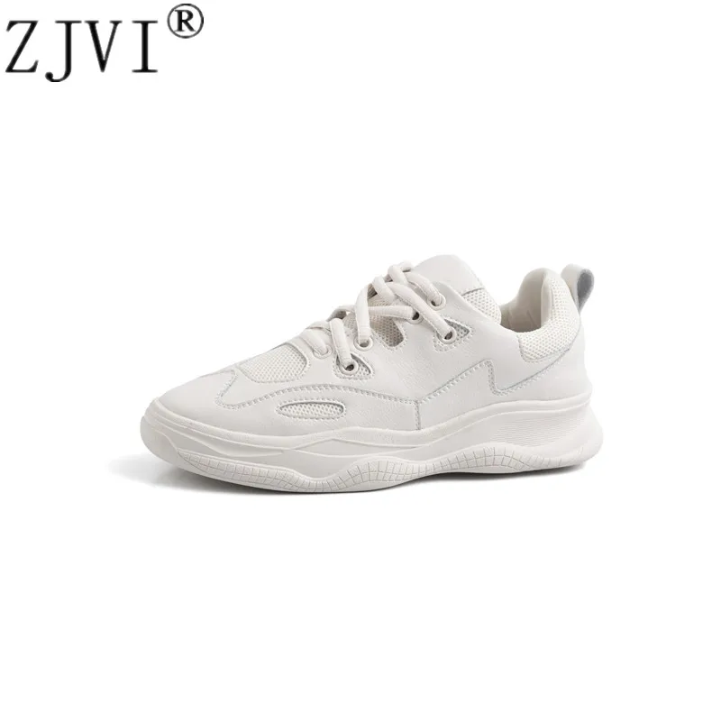 

ZJIVI 2019 woman fashion casual genuine leather shoes for women Sneakers white black autumn summer platform mesh flats ladies