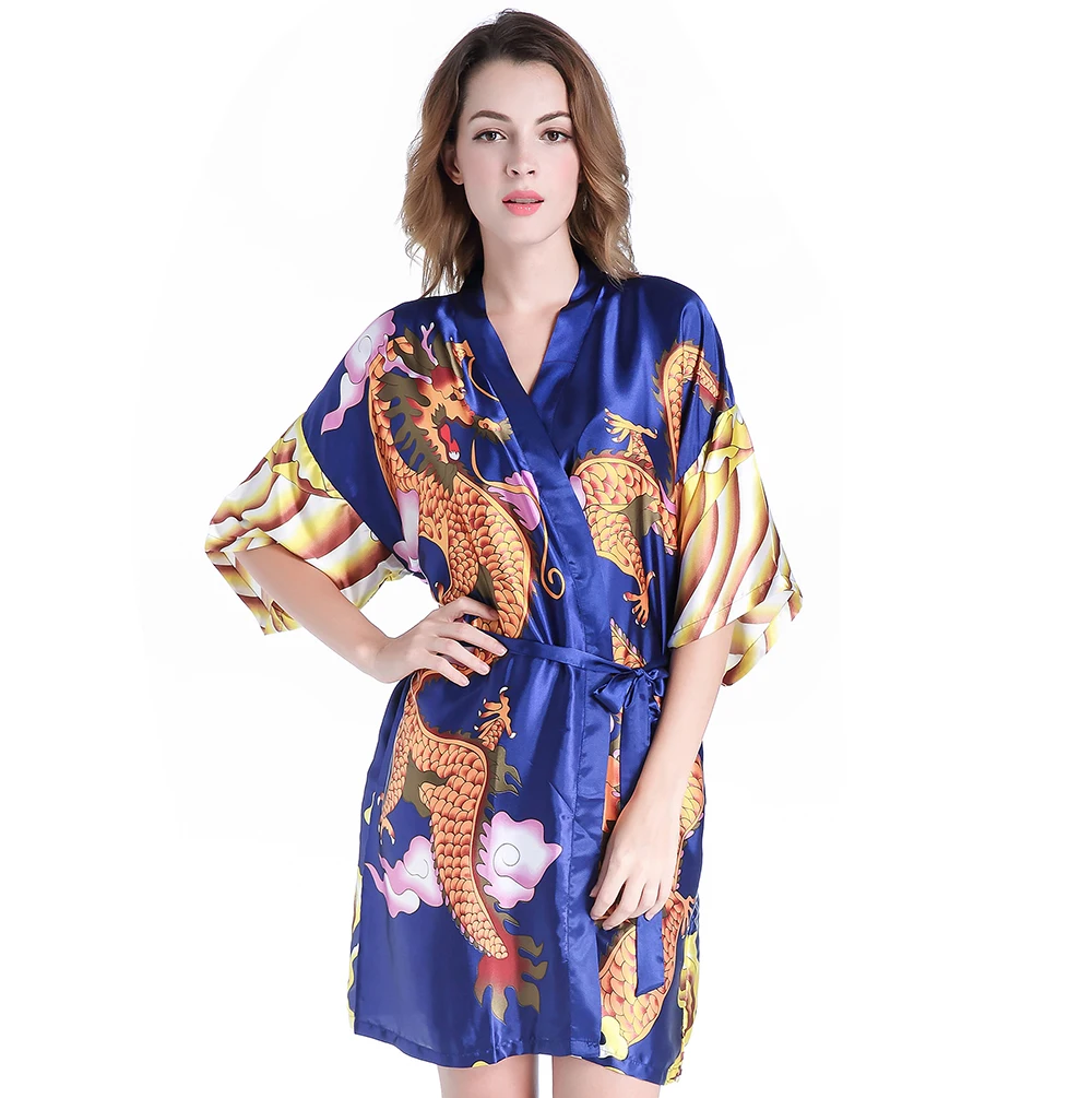 Blue Bat wing Sleeve Satin Kimono Robe Gown Novelty Dragon Women Kaftan