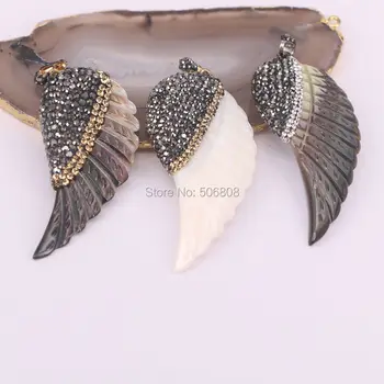 

6pcs Fashion Natural Shell Carved Feather Pendant, With Crystal Zircon Beads Wing Pendant Charms
