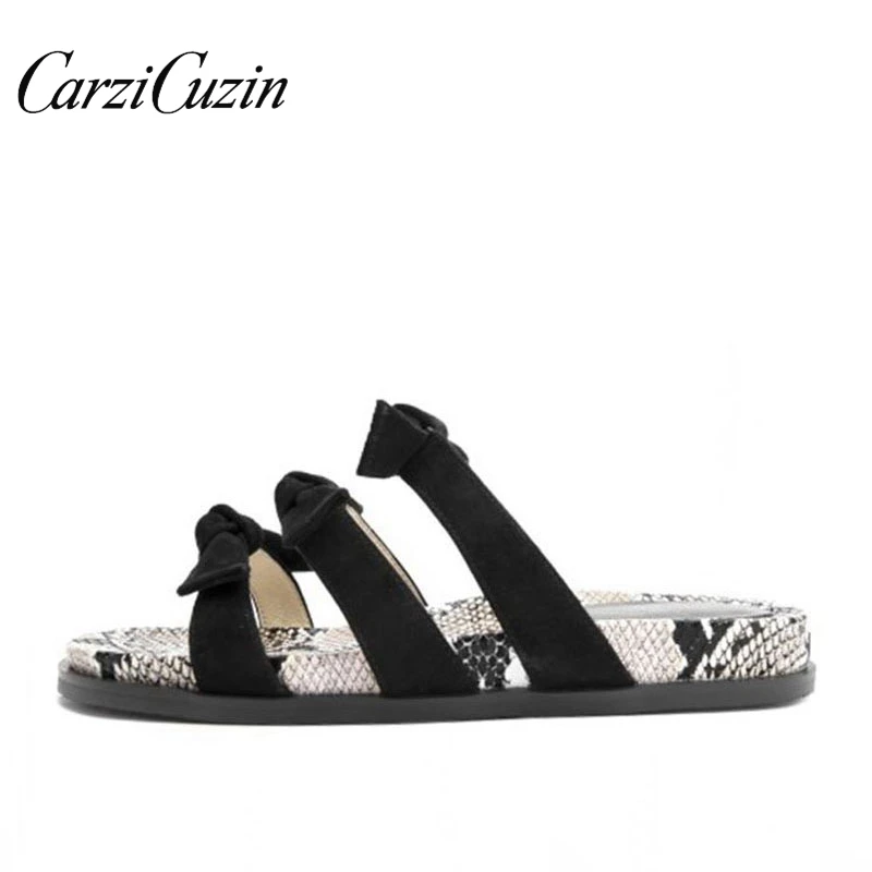 

Carzicuzin Summer Genuine Leather Women Sandals Sweet Bowknot Flats Slippers Leisure Outdoor Vacation Women Footwear Size 34-39