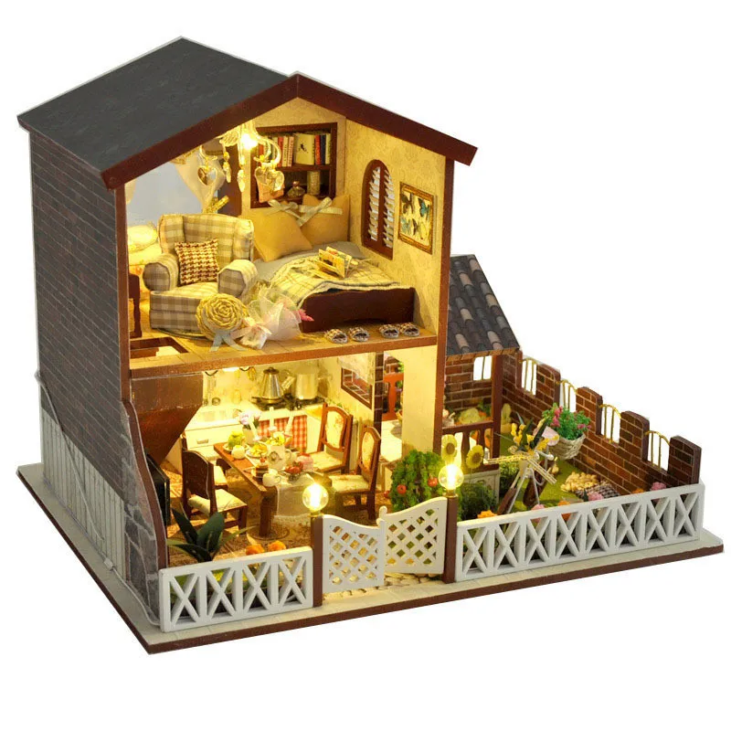 

Cute Families House Miniature House Diy Handmade Villa Model Wooden Doll House Toys For Girls Kids Toys Juguetes Brinquedos