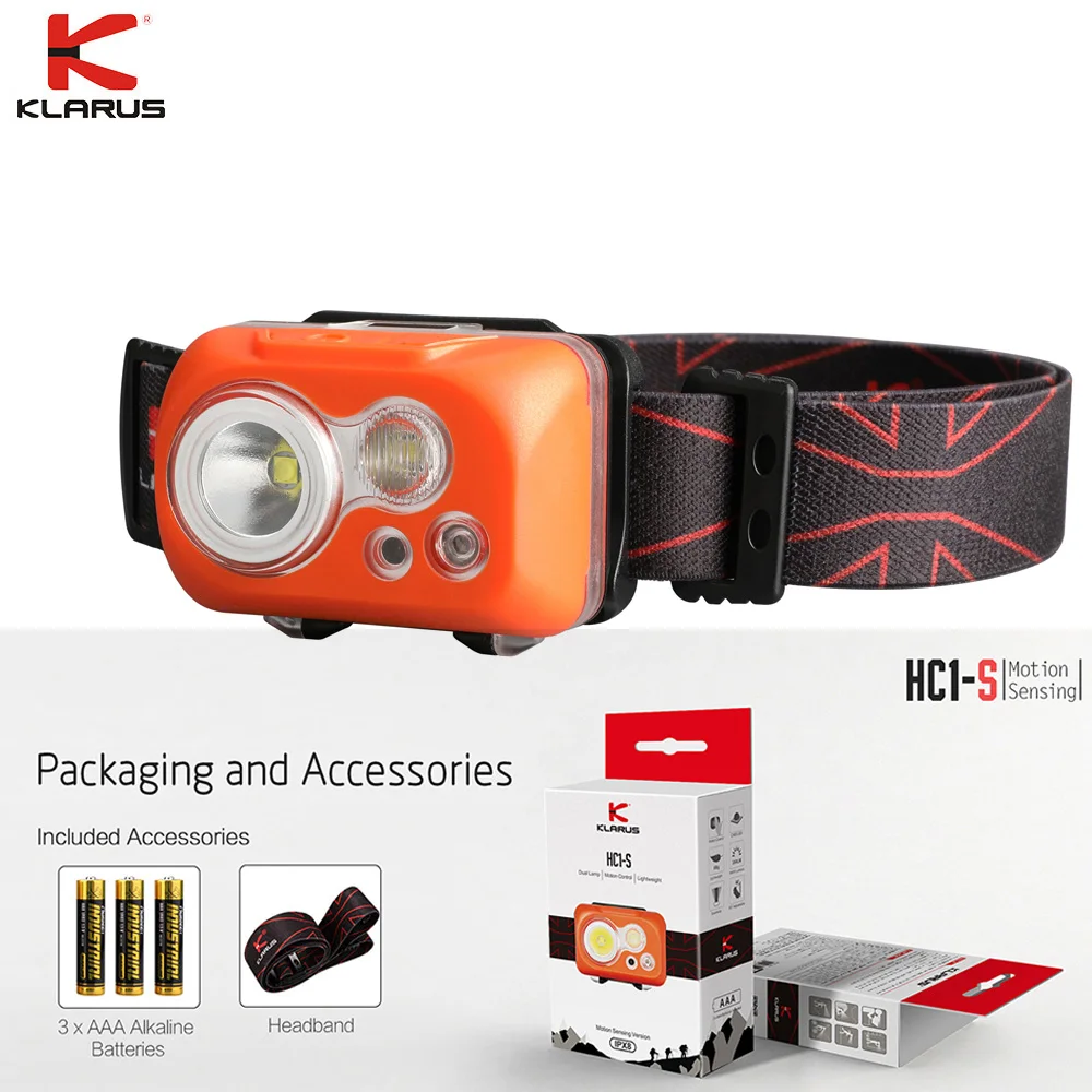 

Klarus HC1-S Headlamp CREE XPG3 S3 6500k 300 lumen Dual Lamp Motion-controlled waterproof Headlight with 3 AAA Batteries