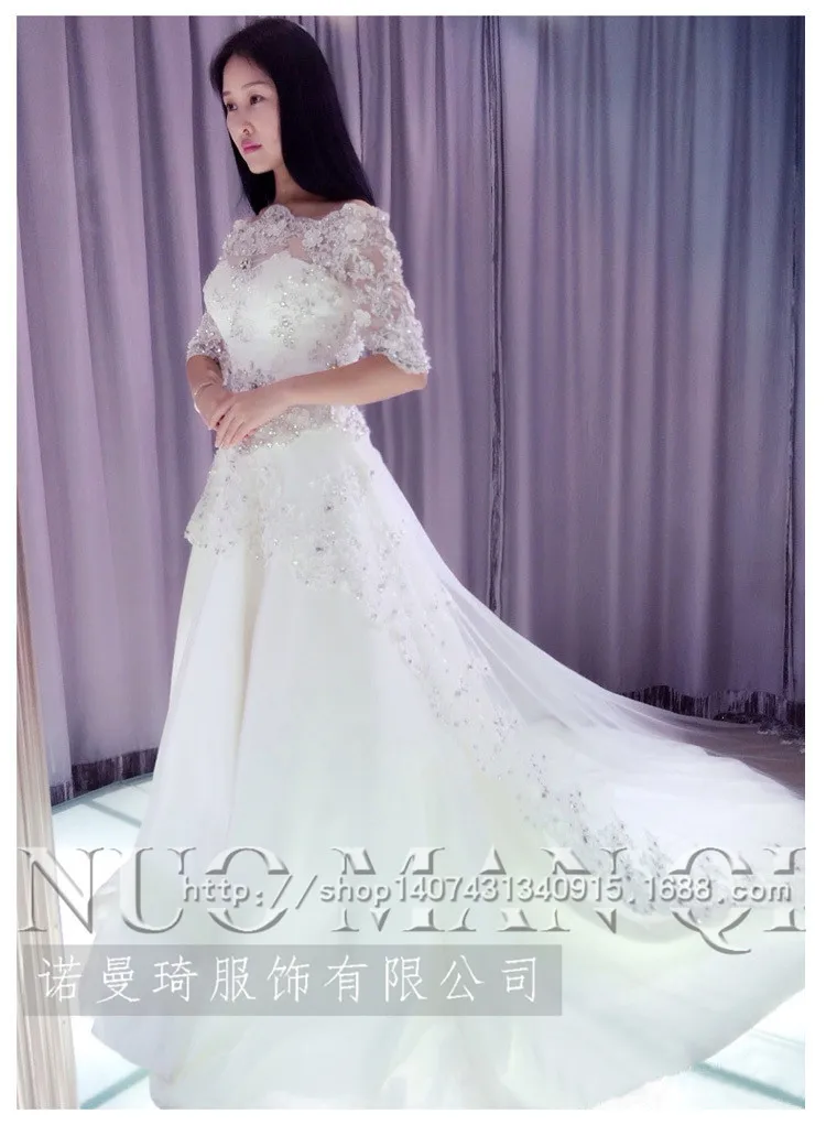 Корейский невесты кружевное платье хвост кружевной аппликацией свадебное платье с Цвет Бисер Sash Свадебные платья в наличии Robe De Mariage