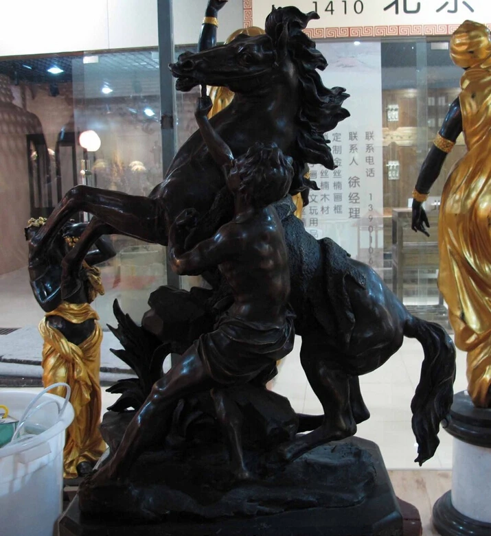 

S0665 Western Art Decor Copper Bronze Marble Base Figurine Horse Man Statue Sculpture D0317