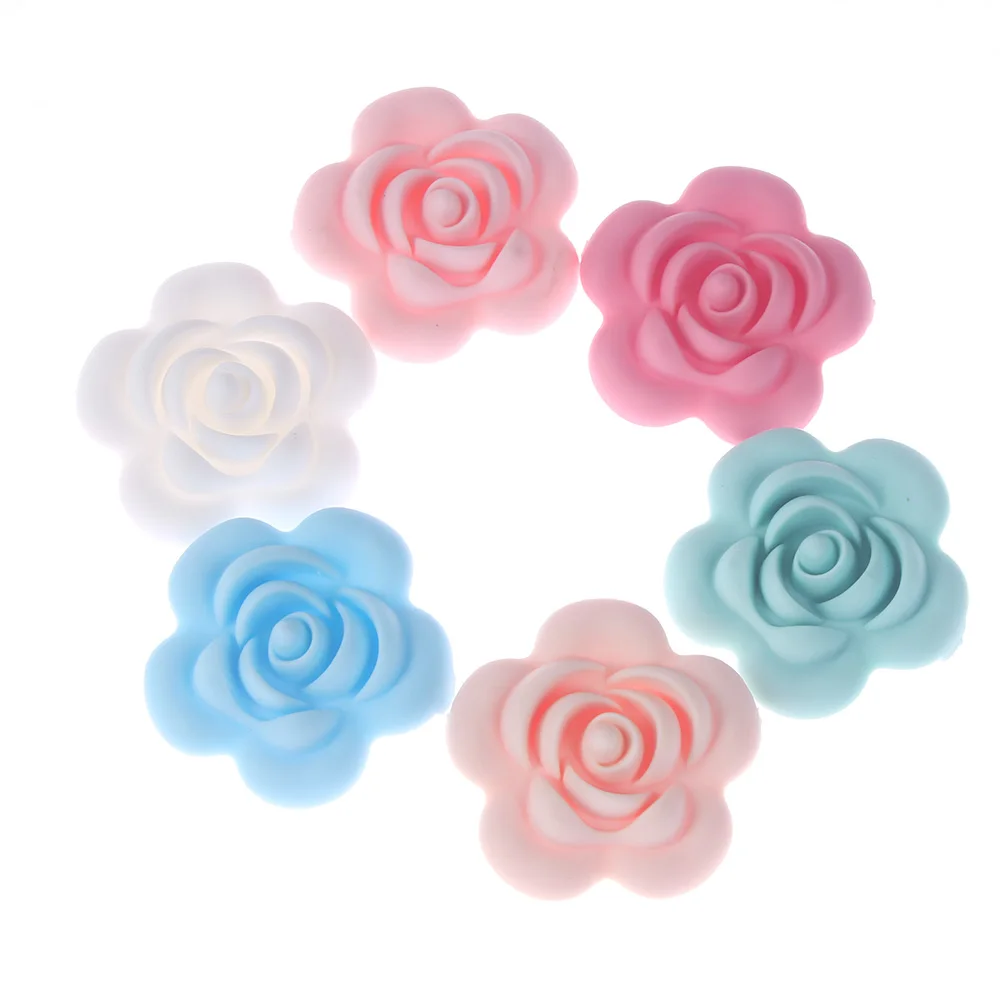 

Hot Sale 41mm Double-faced Rose Flower Silicone Beads For Necklace Chewable Toy for teeth Silicone neckalce beads