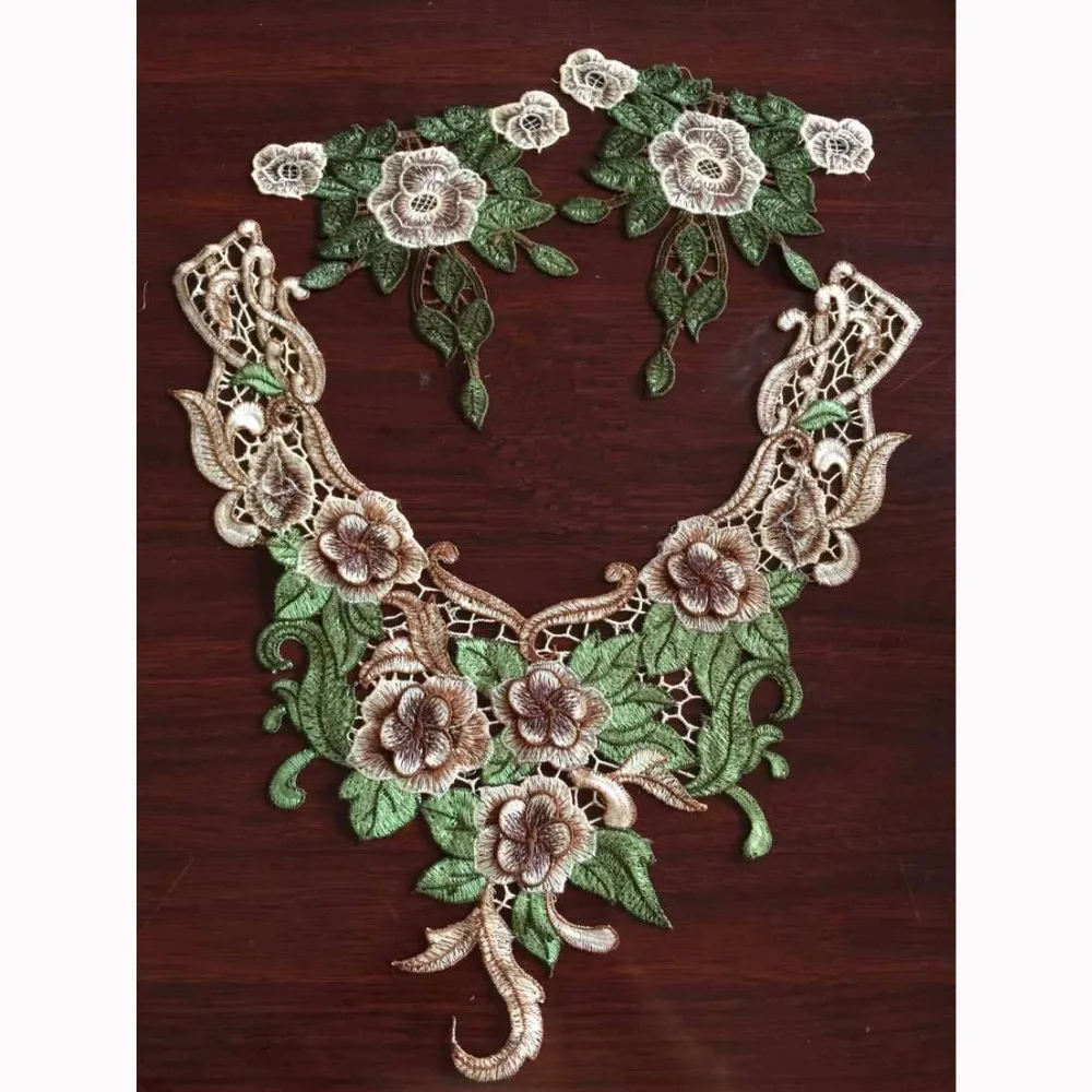 

1 Set Brown Lace Embroidered Venise Floral Lace Applique Neckline Collar Pair For Wedding Bridal Dress NL290