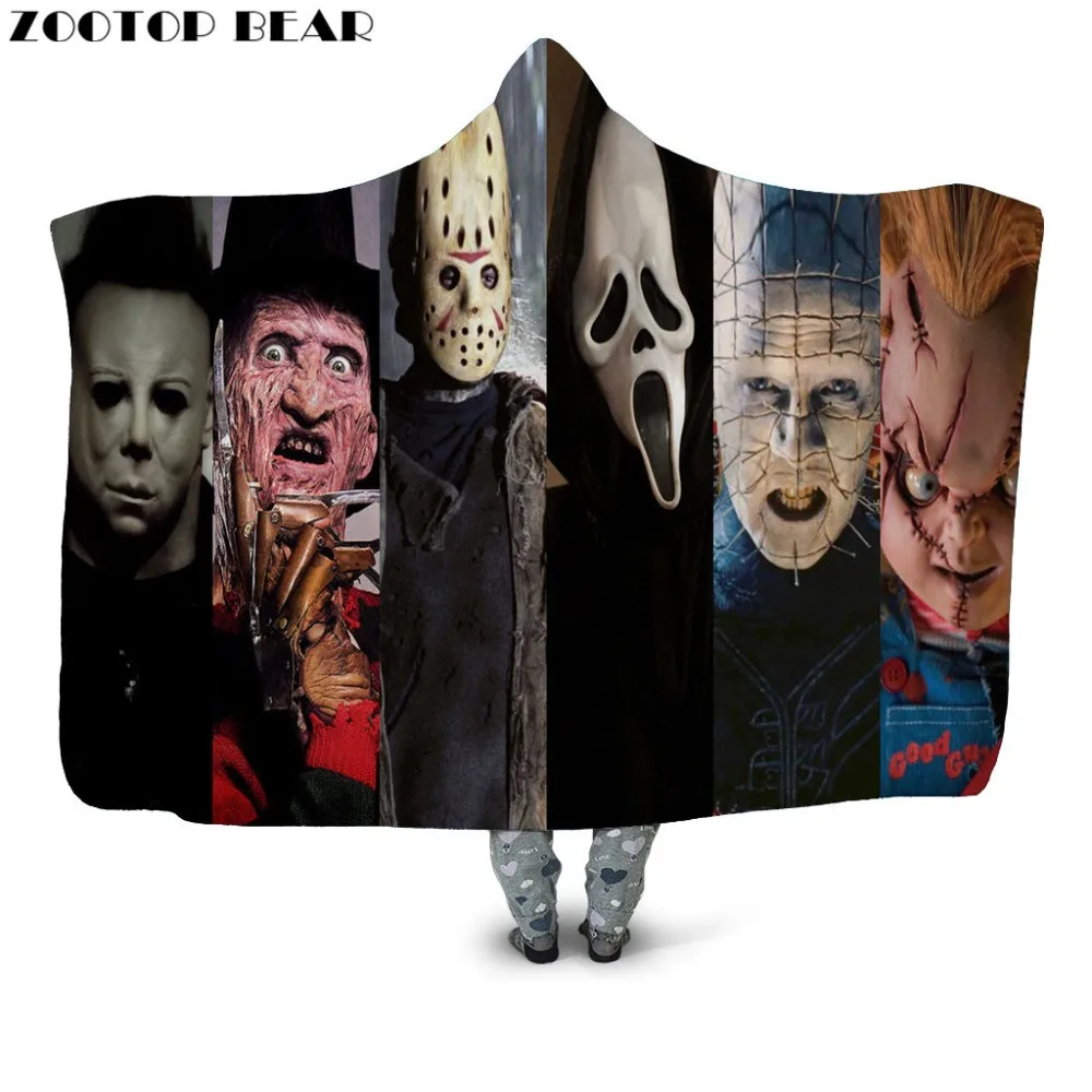 

2019 Popular Adults 3D printed Horror Anime Series Fleece Hooded Blanket Fashion Boys Soft Office Portable Wearable Warm Bedding