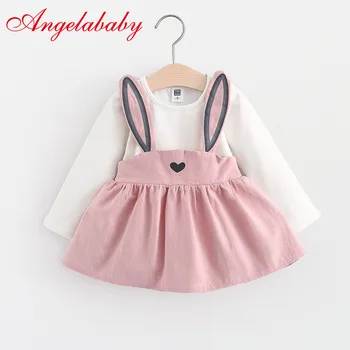 

2019 Spring and summer new baby girls t-shirt dress children's fake two sweet and cute rabbit mini cotton dresses kids clothes