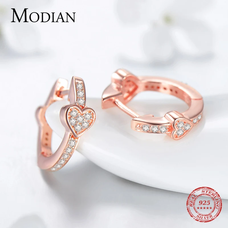 Modian, 925 пробы, серебряные, модные, розовое золото, цвет, любовь, сердце, кристалл, простые серьги-кольца для женщин, Классические серебряные ювелирные изделия