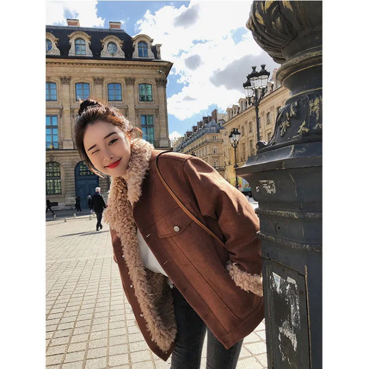 

Winter Suede Leather Jacket Women Short Lamb Wool Motorcycle Jacket Thick Lambs Wool Warm Coat