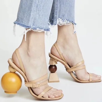 

Brand elegant custom women's sandals sheepskin shallow mouth high heels asymmetric stitching shallow mouth comfortable sandals.