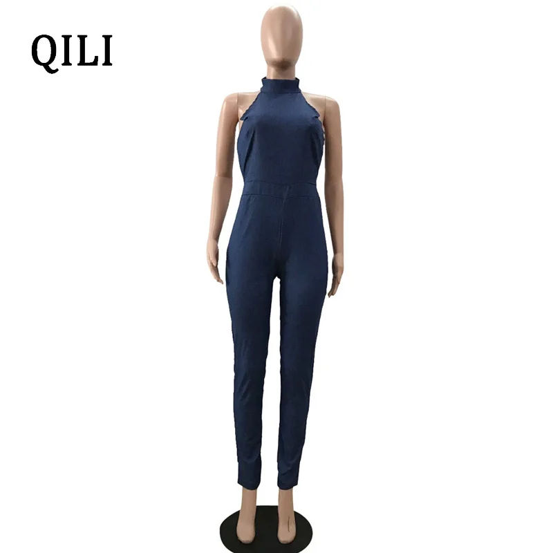 QILI Women Denim Jumpsuits Romper Sleeveless Rear Zipper Casual Jumpsuit Summer Women Elegant Skinny Long Pants Overalls