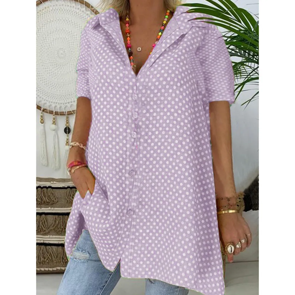 

JAYCOSIN blouses Women Fashion Summer Casual Polka Dot Blouse Loose Short Sleeve Button Shirt Turndown Tops casual tops 509