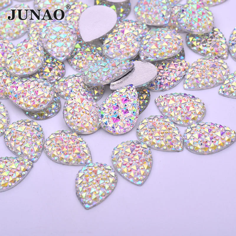 

JUNAO 10x14mm 18x25mm AB Crystal Resin Drop Rhinestones Non Sewing Stones Applique Flat Back Fancy Gems for DIY Dress Accessory