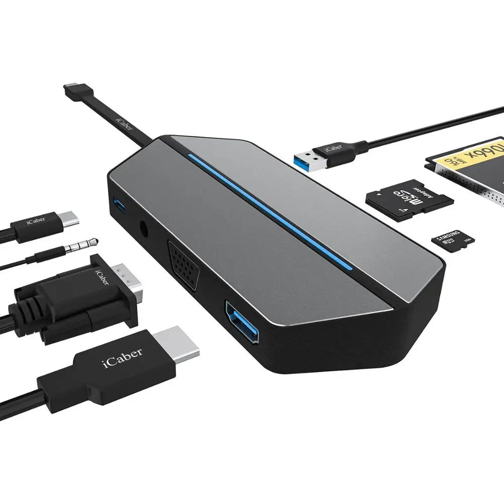 

LTGEM USB C Type C USB 3.0 8 in 1 Type C to VGA+HDMI +SD/TF/CF reader Adapter Dock for MacBook GooglePixel, Huawei